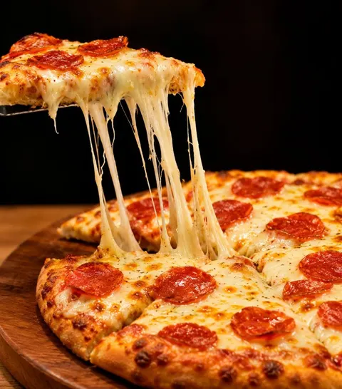 Fatia de pizza de pepperoni sendo servida, com a muçarela puxando